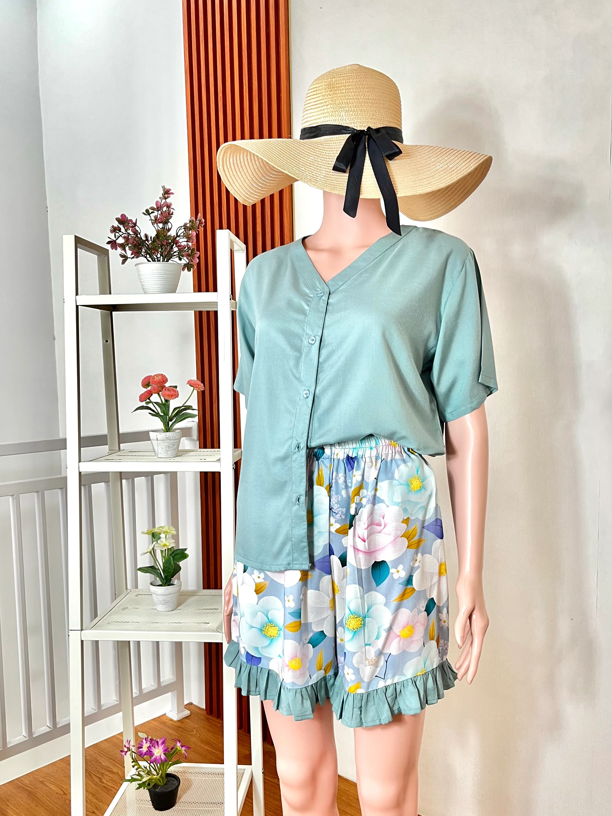 Sage Solid Top & Hydrangea Ruffle Shorts Set